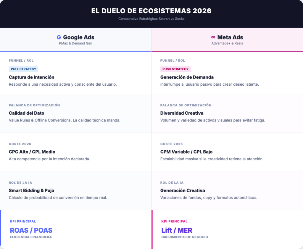 Comparativa técnica Google Ads vs Meta Ads 2026